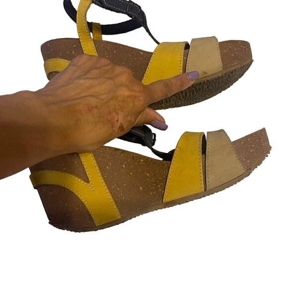 BioNatural by Bos & Co Wedge Sandals Blue & Mustard Yellow Leather Cork Size 9 - Picture 7 of 11